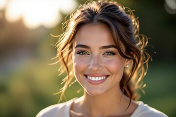 Fototapeta premium Close-up portrait of beautiful young woman with slim chin, bright smile, golden eyes, light-colored top, natural background. Concept of serenity, happiness, focus on slim chin, healthy diet.