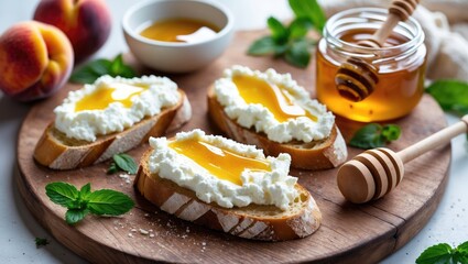Rustic bruschetta with ricotta, fruit, and herbs as a nutritious appetizer