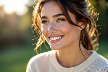 Close-up portrait beautiful young woman with slim chin, brown hair, green eyes, smiling, wearing white sweater, earrings. Concept of slim chin highlighting diet, health, beauty.