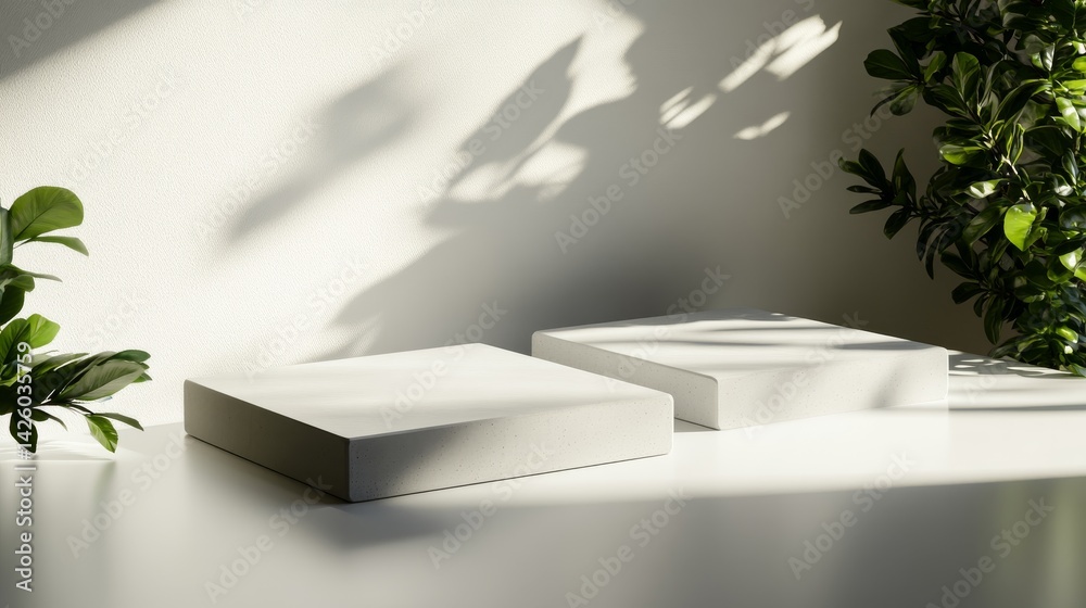 Poster Two rectangle concrete podiums rest on a smooth white surface, illuminated softly with shadows and surrounded by greenery, creating a modern aesthetic