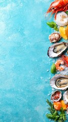 Delicious seafood collage featuring oysters shrimp scallops and fresh herbs on blue background