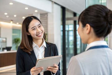 Obraz premium Smiling Asian Saleswoman Welcomes Client with Digital Tablet in Modern Office 