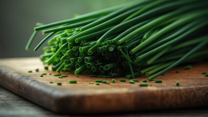 Freshly chopped chives arranged on a wooden cutting board
