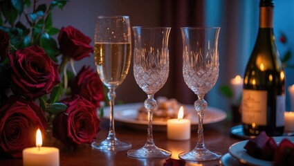 Candlelit romantic dinner at home with champagne, bouquet, and candles for a surprise marriage proposal