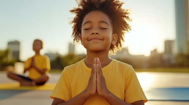 kid-friendly yoga practice, kids practicing fun yoga poses in the park with colorful mats, embracing wellness and mindfulness on international yoga day - Powered by Adobe