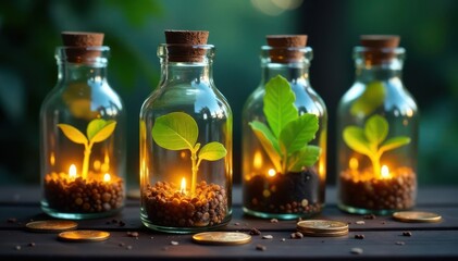 Glowing plants inside glass bottles; coin falls in, wealth, diversification, growth