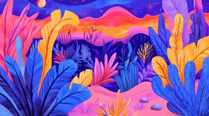 Dreamy alien landscape with vibrant flora under starry sky