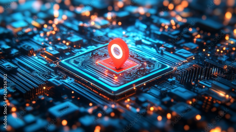 Aufkleber Overhead view highlights a 3D-rendered map featuring a bold red locator icon, complemented by glowing navigation lines and colorful topographic details
