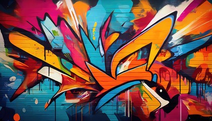 Naklejka premium Pop ArtInspired Graffiti Wall Abstract Backdrop Vibrant Urban Canvas Blending Colorful Geometric Patterns, Intricate Spray Paint Textures, and a Striking Pop Culture Atmosphere.