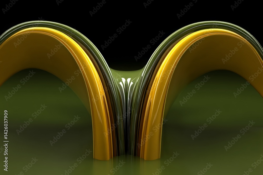 Poster intricate abstract design of smooth yellow and green curves reflecting light in a serene digital lan