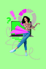 Sketch contemporary photo collage of happy businesswoman stand laptop device diagram development statistics paper plane networking