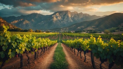 Sunset vineyard landscape with mountains and ripening wine grapes on the vine