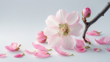 White cherry blossom petals on a floral background