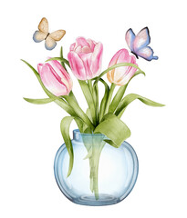 Tulips in glass vase with butterflies
