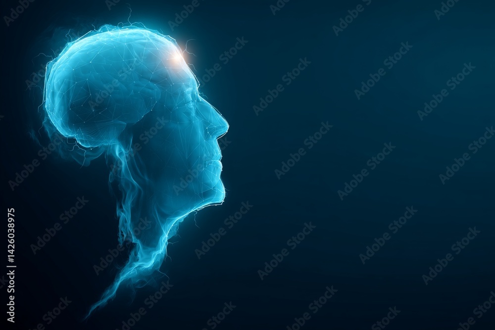 Poster digital representation of a human brain silhouette with glowing elements against a dark background s