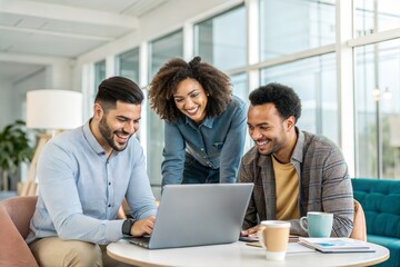 Obraz premium Young entrepreneurs collaborating in a modern office, smiling while working on a laptop together. 