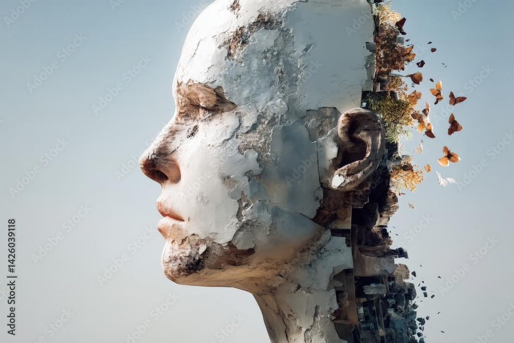 Aufkleber human face blending with nature and architecture in a creative sculpture during daylight hours