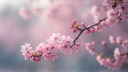 Winter scene with cherry blossom and blooming flowers