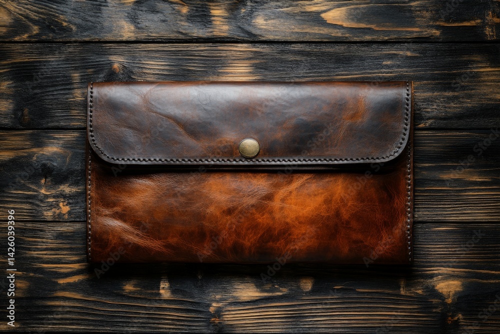 Poster Crafted leather envelope wallet placed on a rustic wooden surface showcasing its rich texture and color