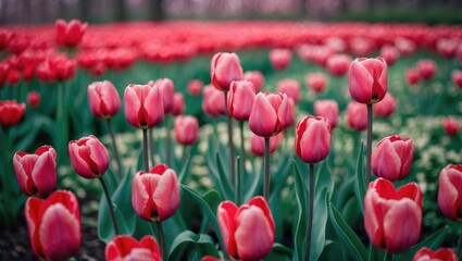 Fototapeta premium Close-up of a bunch of red tulips in full bloom in a garden setting