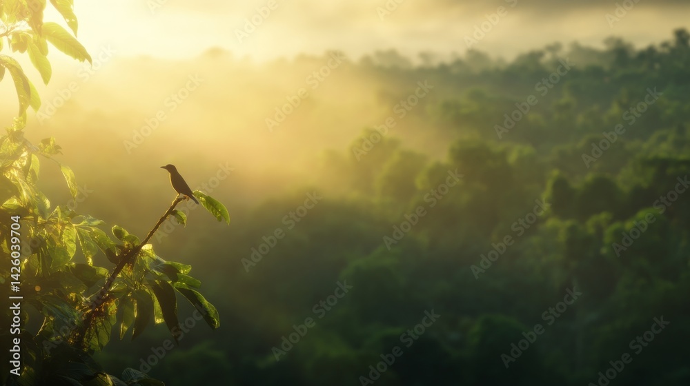 Poster warm golden light shines through a lush tropical forest, highlighting individual leaves and creating