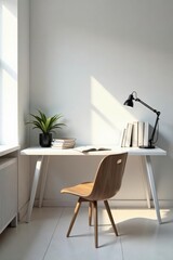 Minimal white loft workspace, desk with books, copy space , home office, elegant, white background