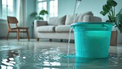 Ceiling water leakage dripping into a plastic bucket on the floor in a living room, with space for text
