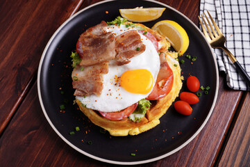 Fried Egg and Pork Waffles Food in a black plate on a wooden table