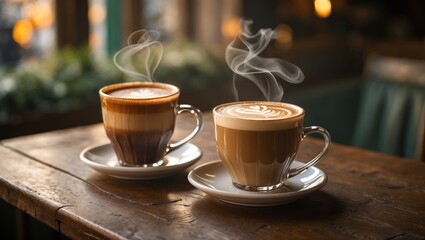 Fototapeta premium Caffe latte and Chai latte served on the table