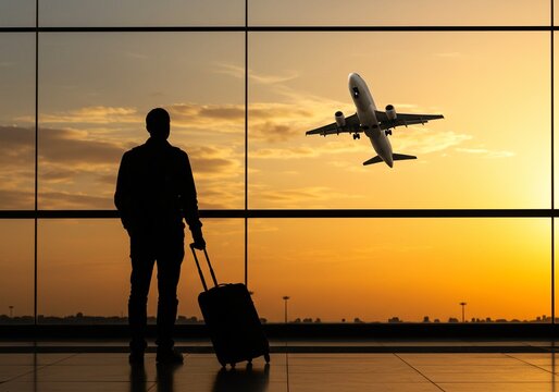 A traveler with luggage watches a plane taking off into a sunset sky