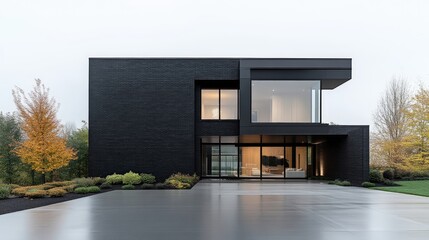 Fototapeta premium Modern black house with sleek design. Large windows and contemporary architecture. Exterior features a dark brick facade and a paved driveway