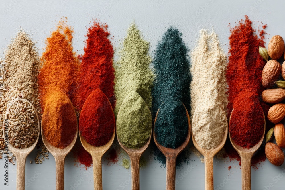 Poster variety of colorful spices displayed in wooden spoons on a light background with almonds