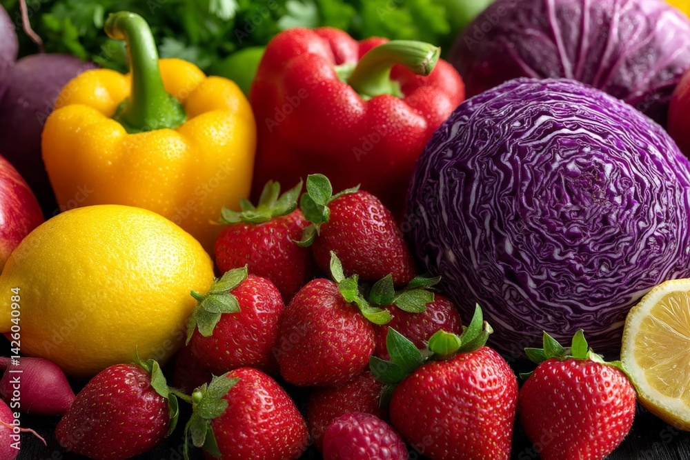 Poster vibrant assortment of fresh fruits and vegetables displayed on a table in a bright kitchen setting