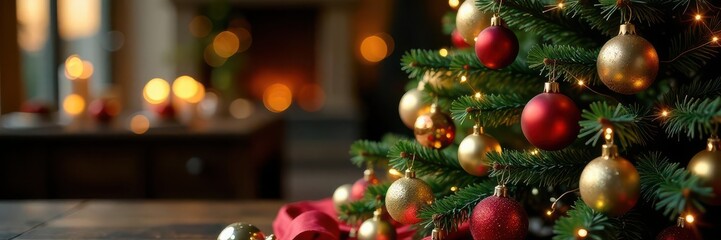 Fototapeta premium Ornate Christmas tree, glistening ornaments, luxurious table arrangement, luxury christmas, tree