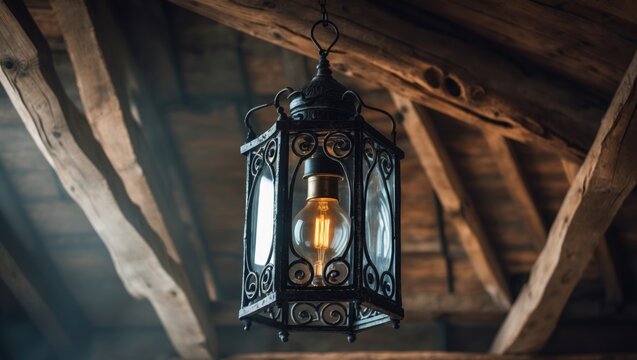 Ceiling light fixture on wooden ceiling with frame light bulb - Powered by Adobe