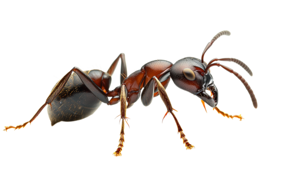 Large brown ant with black legs and antennae on transparent or white background