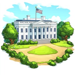 Presidential Home ACharming Cartoon Illustration Of The White House On ASunny Day