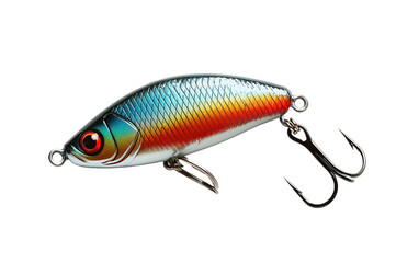 Fish lure with a hook and a red and orange stripe on transparent or white background