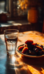 Fototapeta premium Sunlit refreshment still life glass of water and dates on table casting patterned shadows