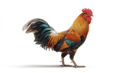 Fototapeta premium Realistic photograph colorful rooster against a solid, stark white background
