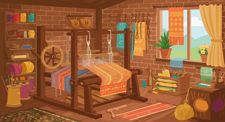 Cozy weaving workshop with colorful textiles and natural light  
