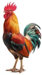 Fototapeta premium Realistic photograph colorful rooster against a solid, stark white background