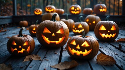 Decorative carved pumpkins arranged on a wooden deck amidst autumn leaves