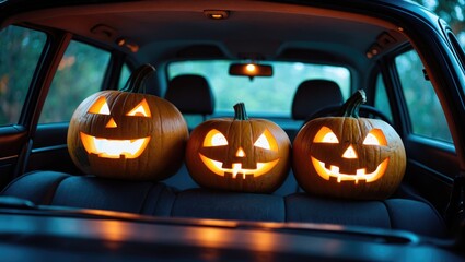 A family of pumpkins with carved faces riding in a car on an autumn Halloween evening.