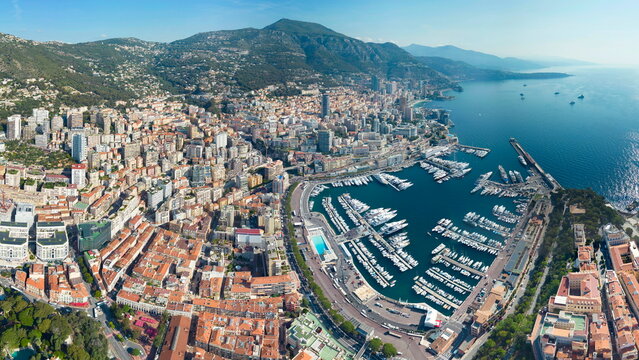 city skyline of monaco with harbor, taken by drone, aerial view