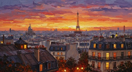 Fototapeta premium Paris Skyline at Sunset Oil Painting