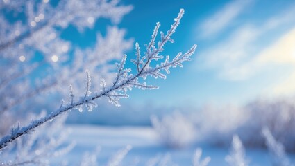 Frost-covered branches with a blurred background sparkle in sunlight beneath a vivid sky, forming a serene winter landscape filled with natural beauty and tranquility