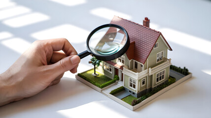 Detailed Hand Examining Model House with Magnifying Glass