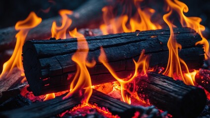 Charred wooden plank with flames and smoke, vintage abstract pattern on wall