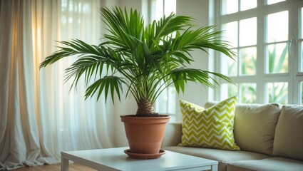 Fototapeta premium Household setting with a palm tree in a flowerpot on a table